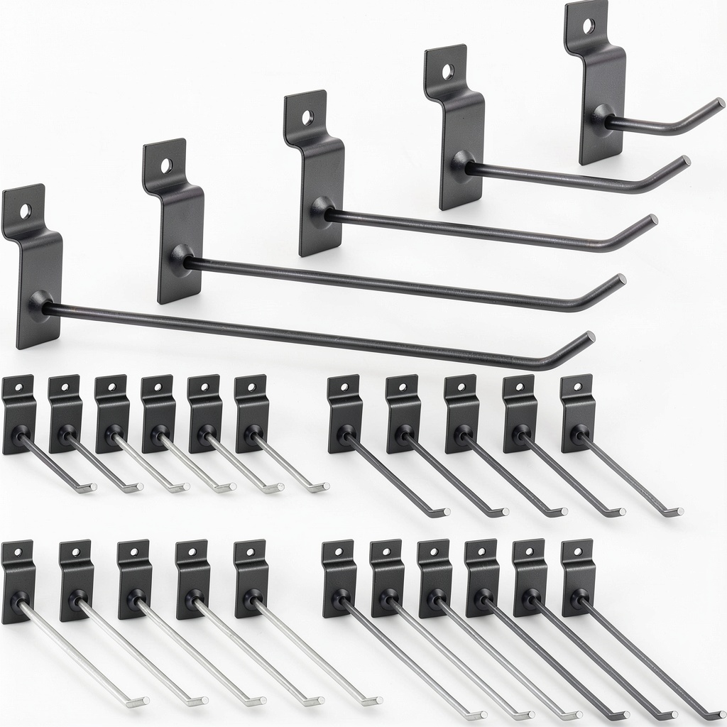 Moxweyeni slatwall hooks in various sizes on a slatwall panel
