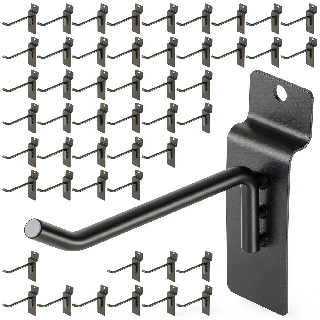 PercyEffie slatwall hooks installed on a retail display panel