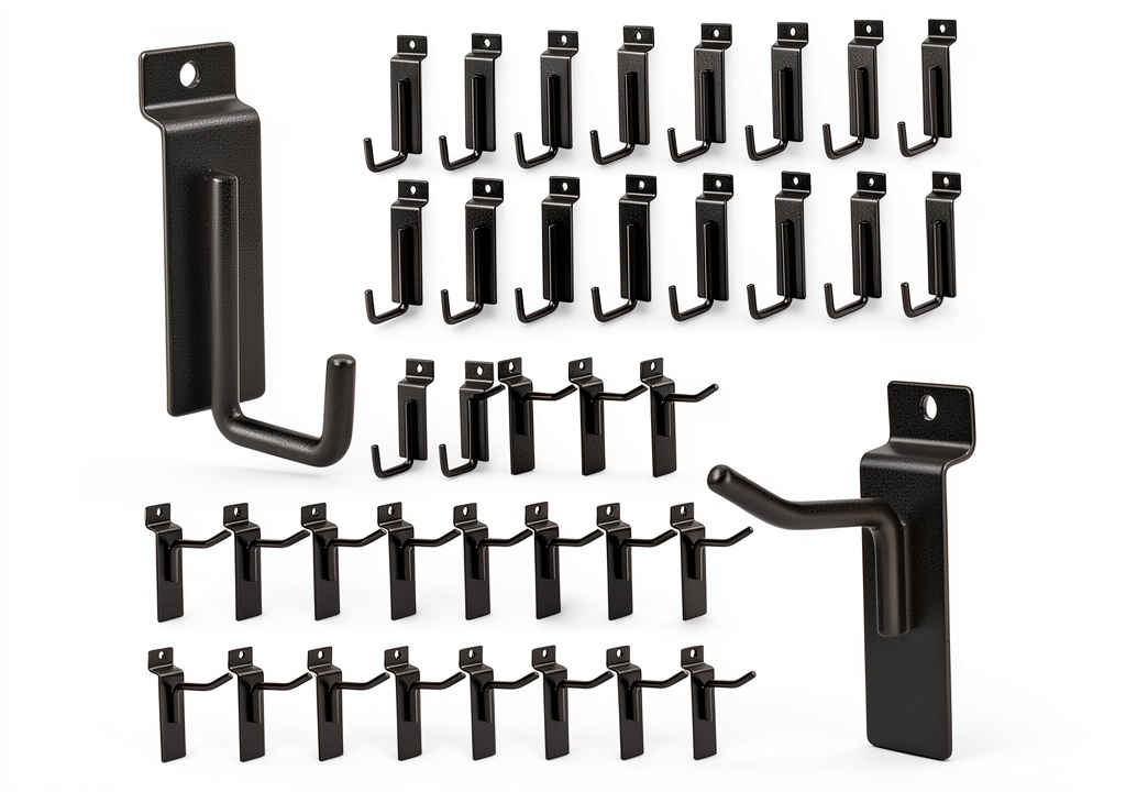 Alffun slatwall hooks installed on a metal panel in a garage